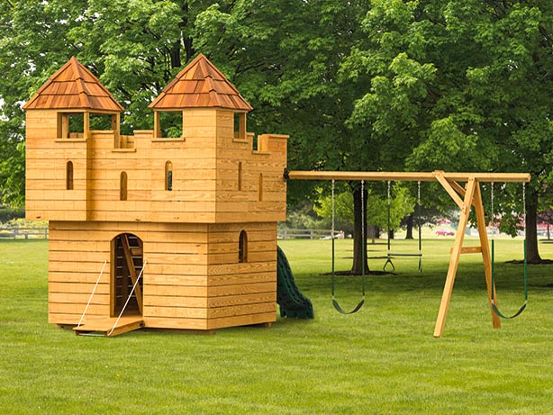 Charlotte Castle wooden playground built by Adirondack Storage Barns