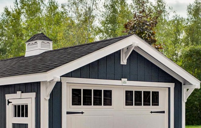 Dark Gray Elite Carriage Shed with 12 inch overhang on gable built by Adirondack Storage Barns