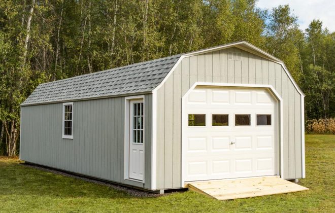 Light Grey High Barn Carriage Shed built by Adirondack Storage Barns