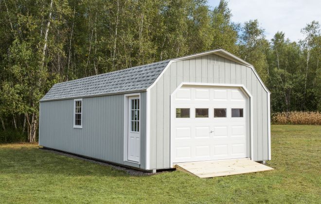 Light Grey High Barn Carriage Shed built by Adirondack Storage Barns