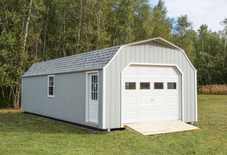 Light Grey High Barn Carriage Shed built by Adirondack Storage Barns