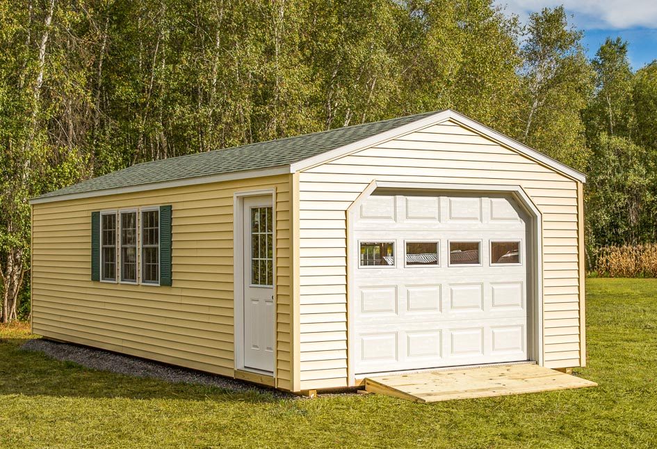 Wheat Vinyl Cottage Carriage Shed built by Adirondack Storage Barns