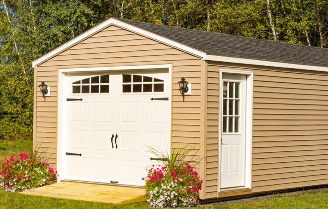 Light brown Cottage Carriage Shed built by Adirondack Storage Barns