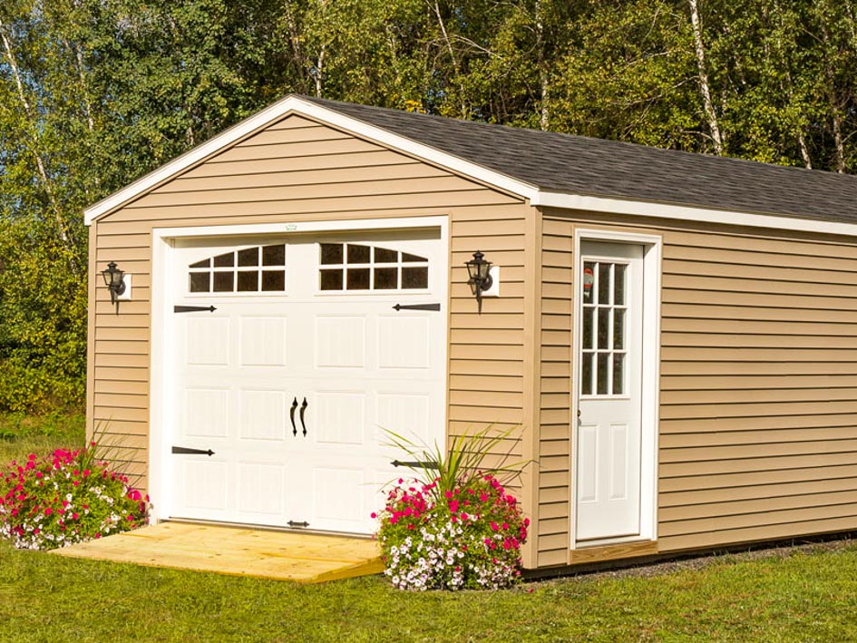 Light brown Cottage Carriage Shed built by Adirondack Storage Barns