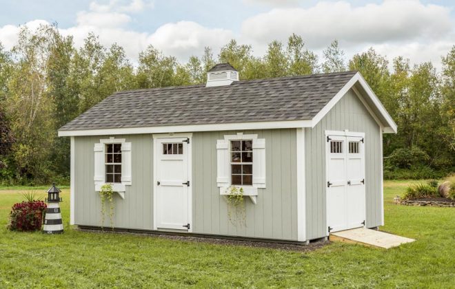 Light gray Elite Utility Shed built by Adirondack Storage Barns