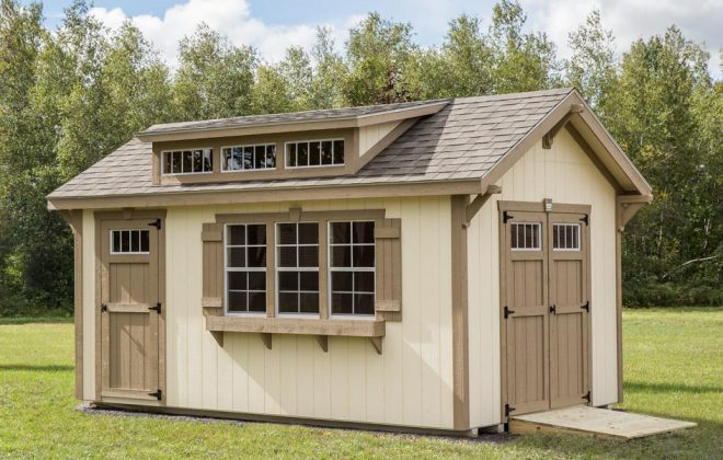 Navajo White Elite Dormer Shed built by Adirondack Storage Barns