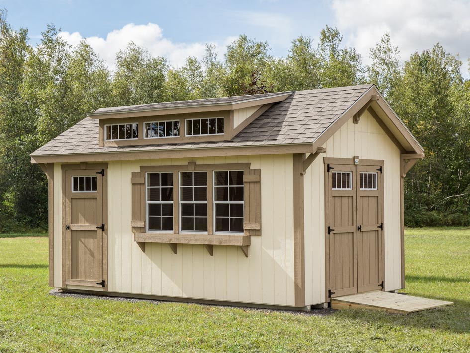 Navajo White Elite Dormer Shed built by Adirondack Storage Barns