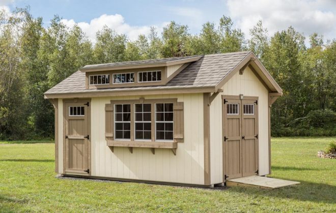 Navajo White Elite Dormer Shed built by Adirondack Storage Barns