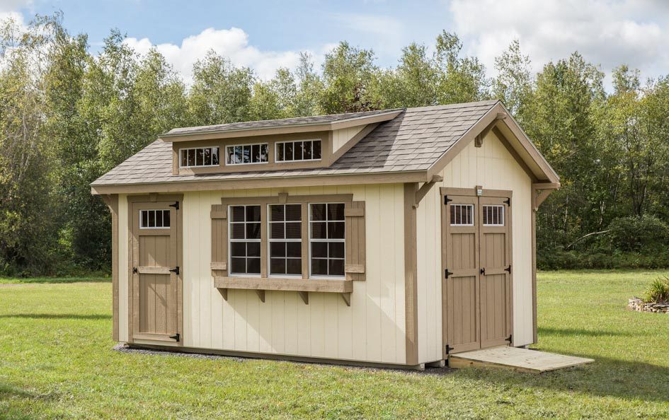 Navajo White Elite Dormer Shed built by Adirondack Storage Barns