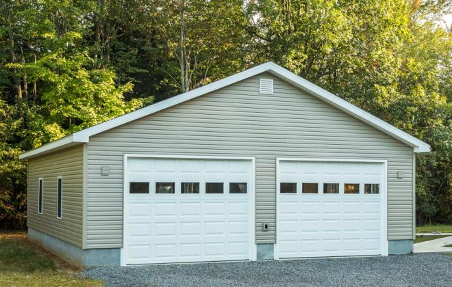 Light Gray 5/12 Standard Garage built by Adirondack Storage Barns