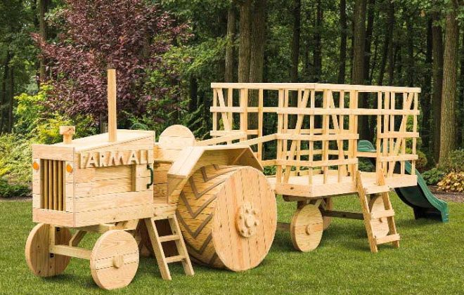 Wooden Tractor with Trailer Playground by Adirondack Storage Barns